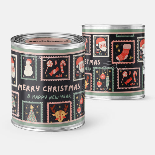 Front and Back pic Decorative Christmas postage stamp soy wax candle with the phrase Merry Christmas & Happy New Year 
