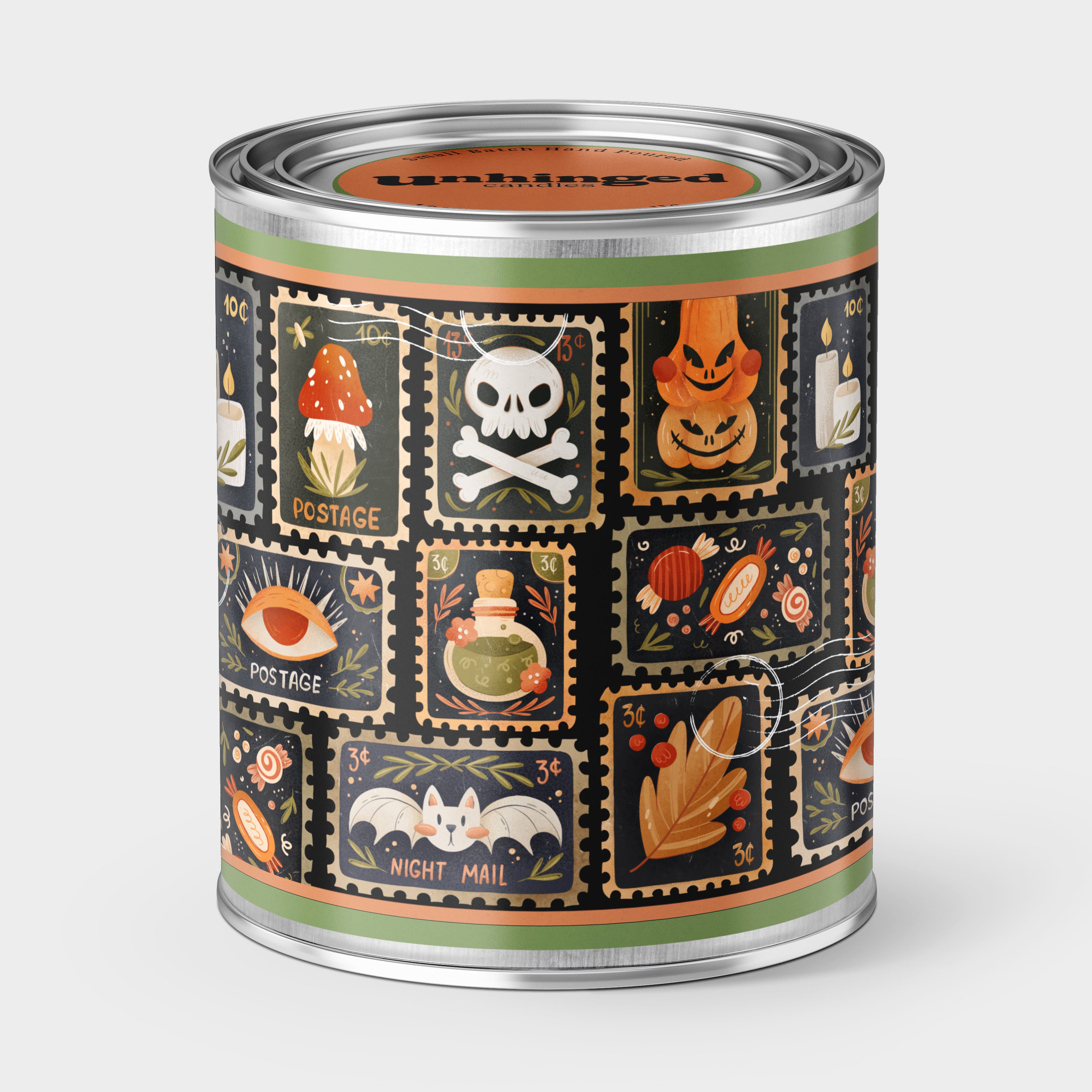 Paint can candle with Halloween postage stamps themed label