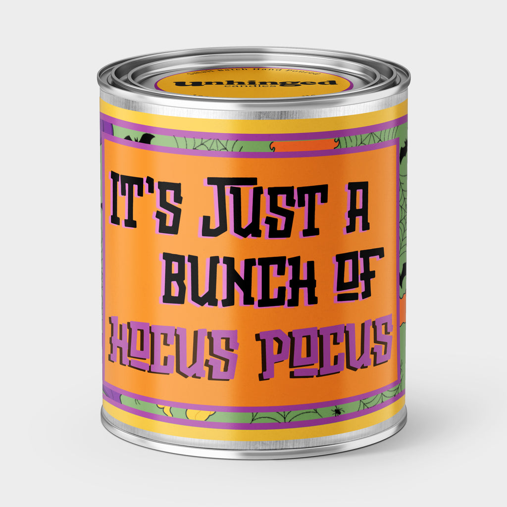 Halloween-themed can with text 'It's Just a Bunch of Hocus Pocus' on an orange label.