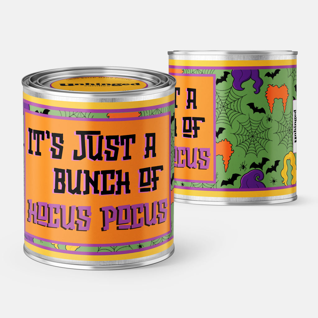 front and back pic of Halloween-themed can with text 'It's Just a Bunch of Hocus Pocus' on an orange label.