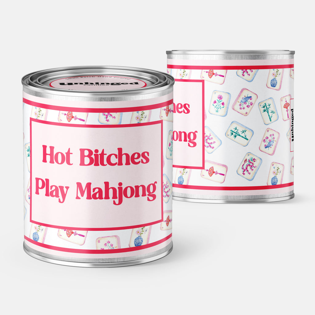Front and Back pic of An unhinged Paintcan candle with the phrase "Hot Bitches Play Mahjong" with Mahjong tiles in the background. Dot Crack Bam