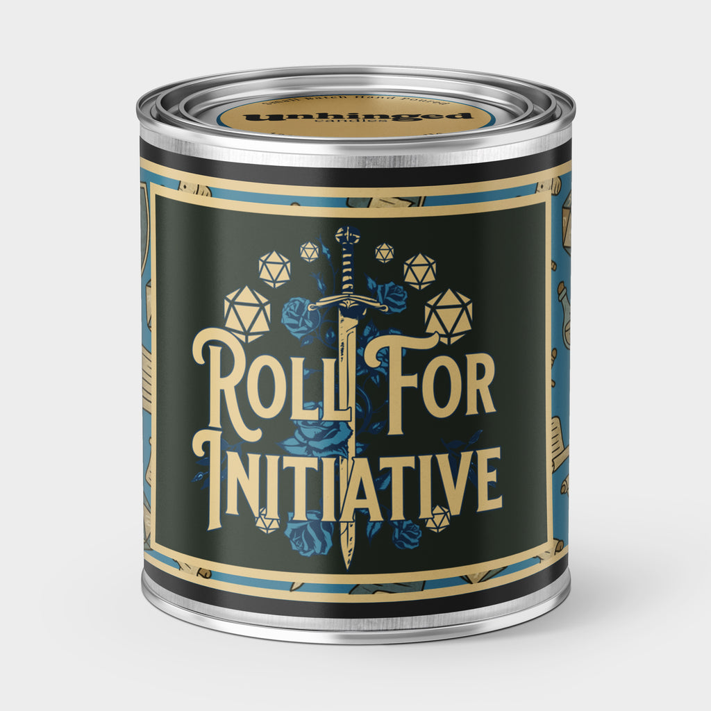 Unhinged Paintcan candle with the phrase "Roll for Initiative" with a  sword and d20 dice graphic included on a black bacground. Dungeons & Dragons, D&D, RPG 