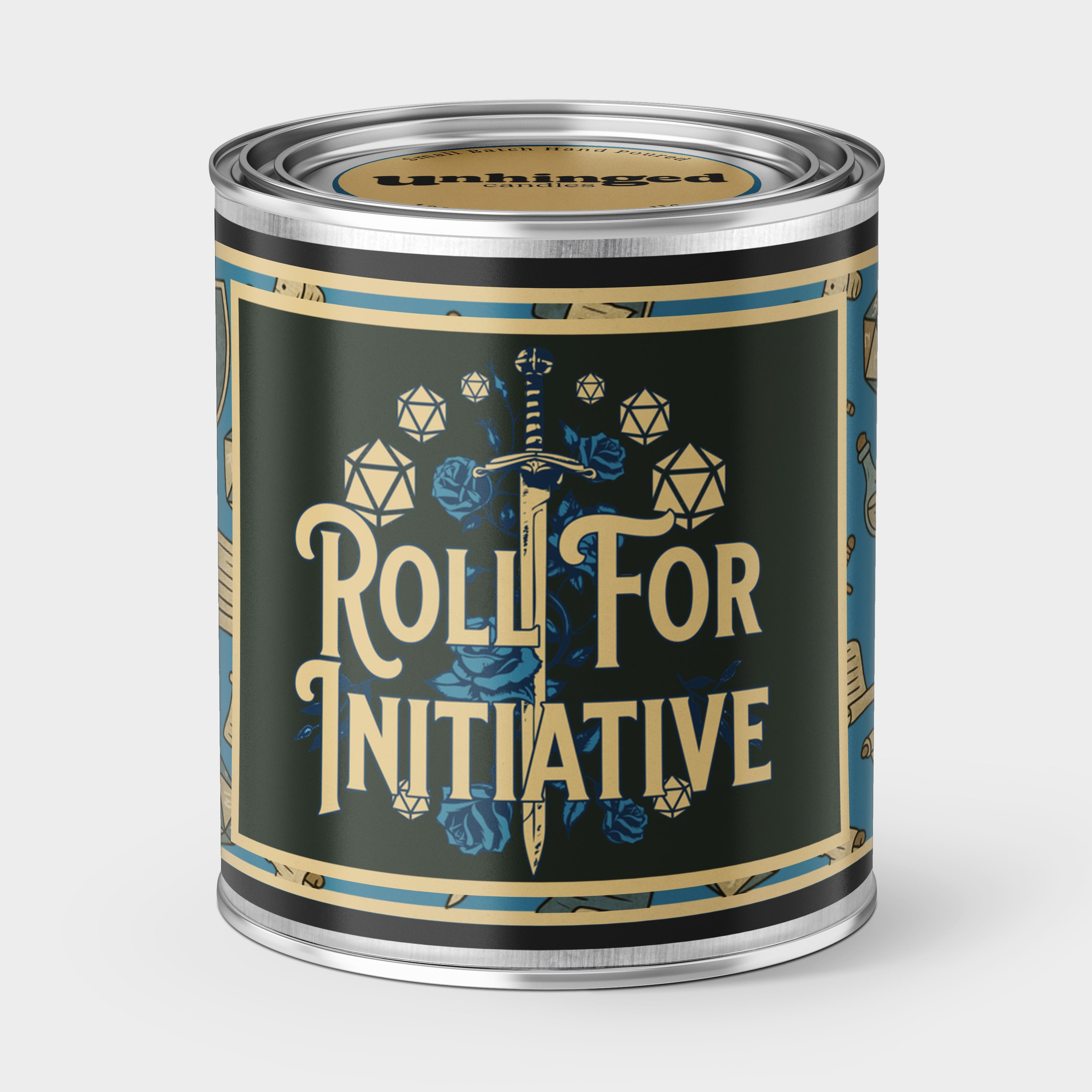 Unhinged Paintcan candle with the phrase "Roll for Initiative" with a  sword and d20 dice graphic included on a black bacground. Dungeons & Dragons, D&D, RPG 