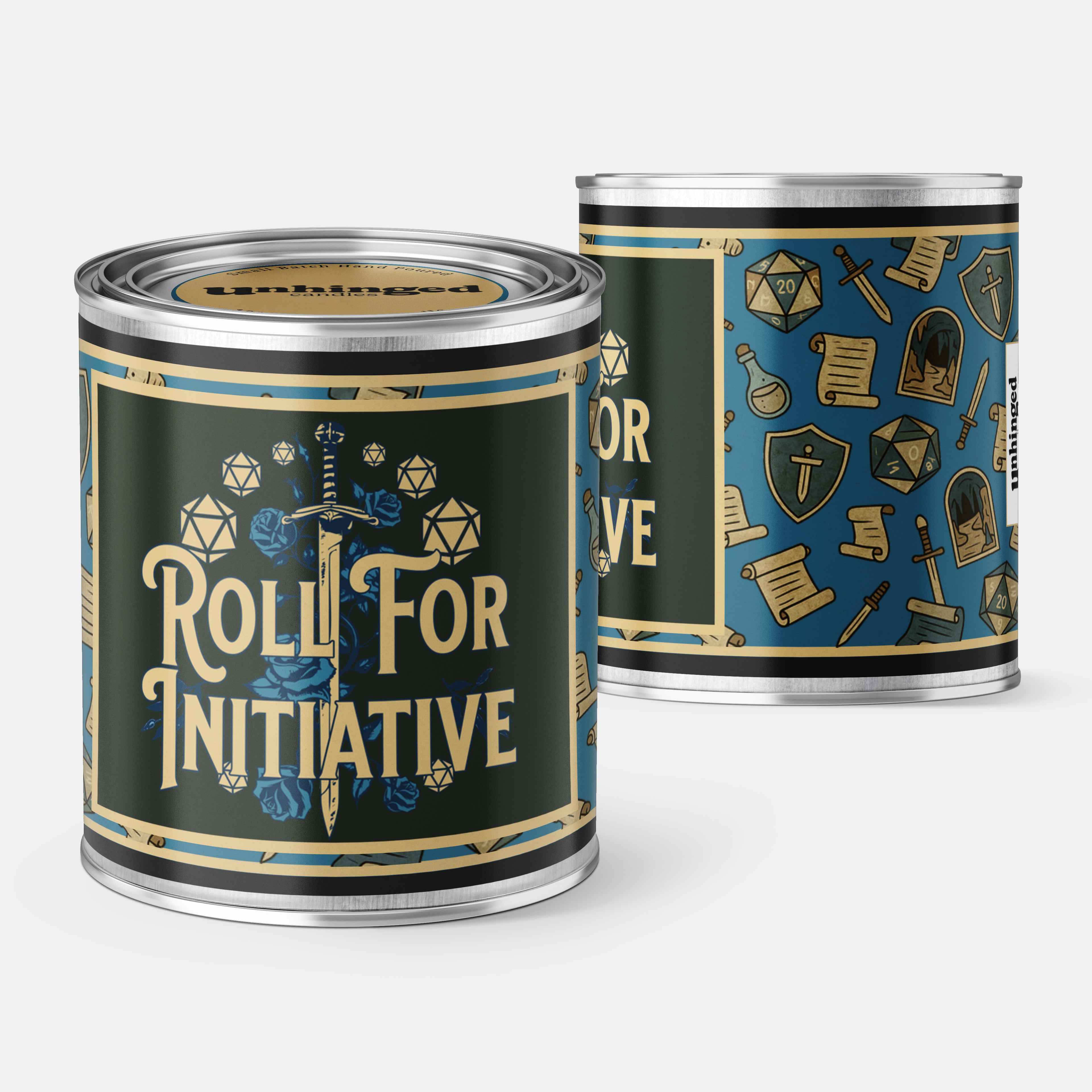 Front and Back pic of Unhinged Paintcan candle with the phrase "Roll for Initiative" with a  sword and d20 dice graphic included on a black bacground. Dungeons & Dragons, D&D, RPG 