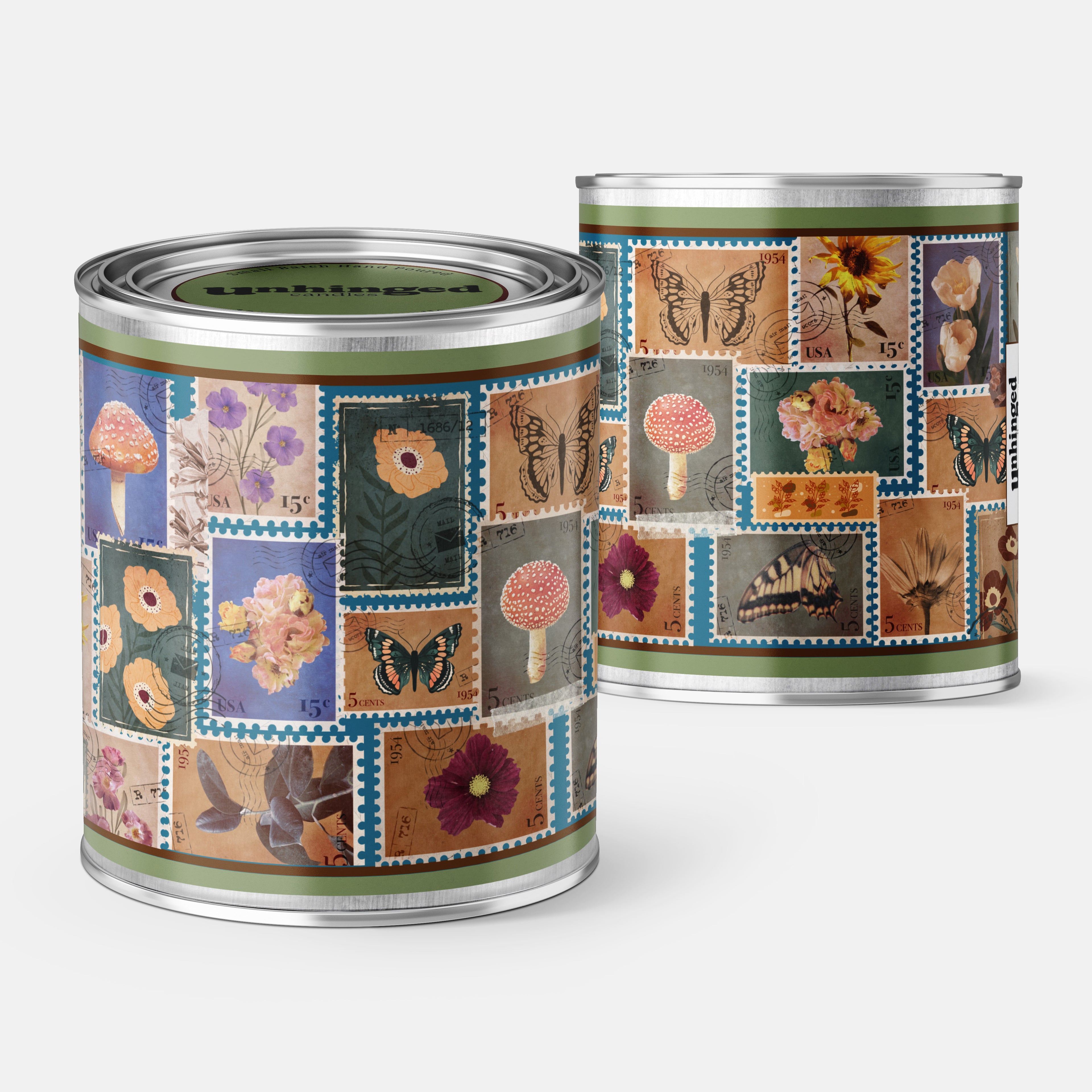 Front and back pic of An Unhinged candle Paint can candle  with decorative design featuring postage stamps of flowers, mushrooms  and butterflies.