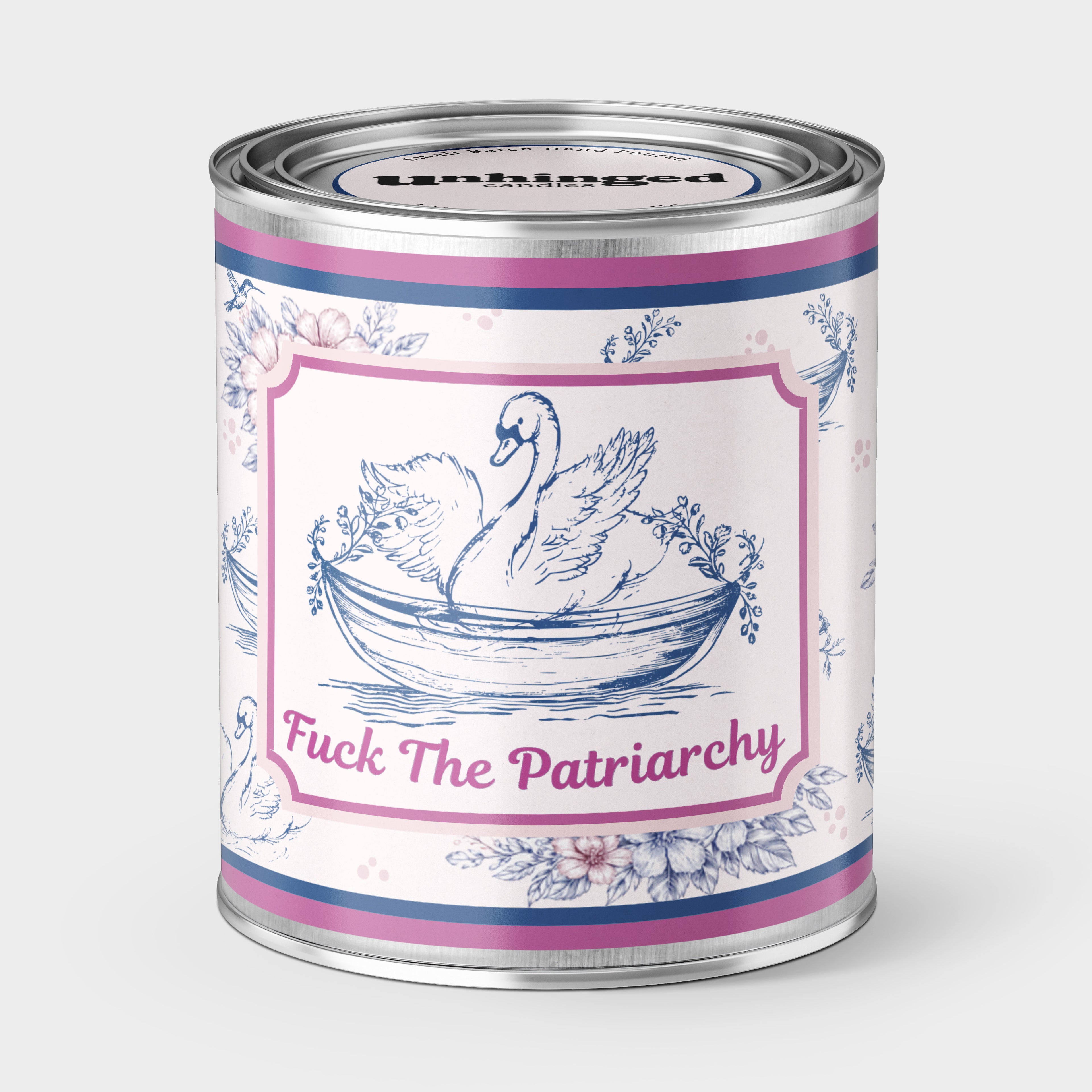 An Unhinged Paint Can Candle with a vintage swan design and 'Fuck The Patriarchy' text on a white background