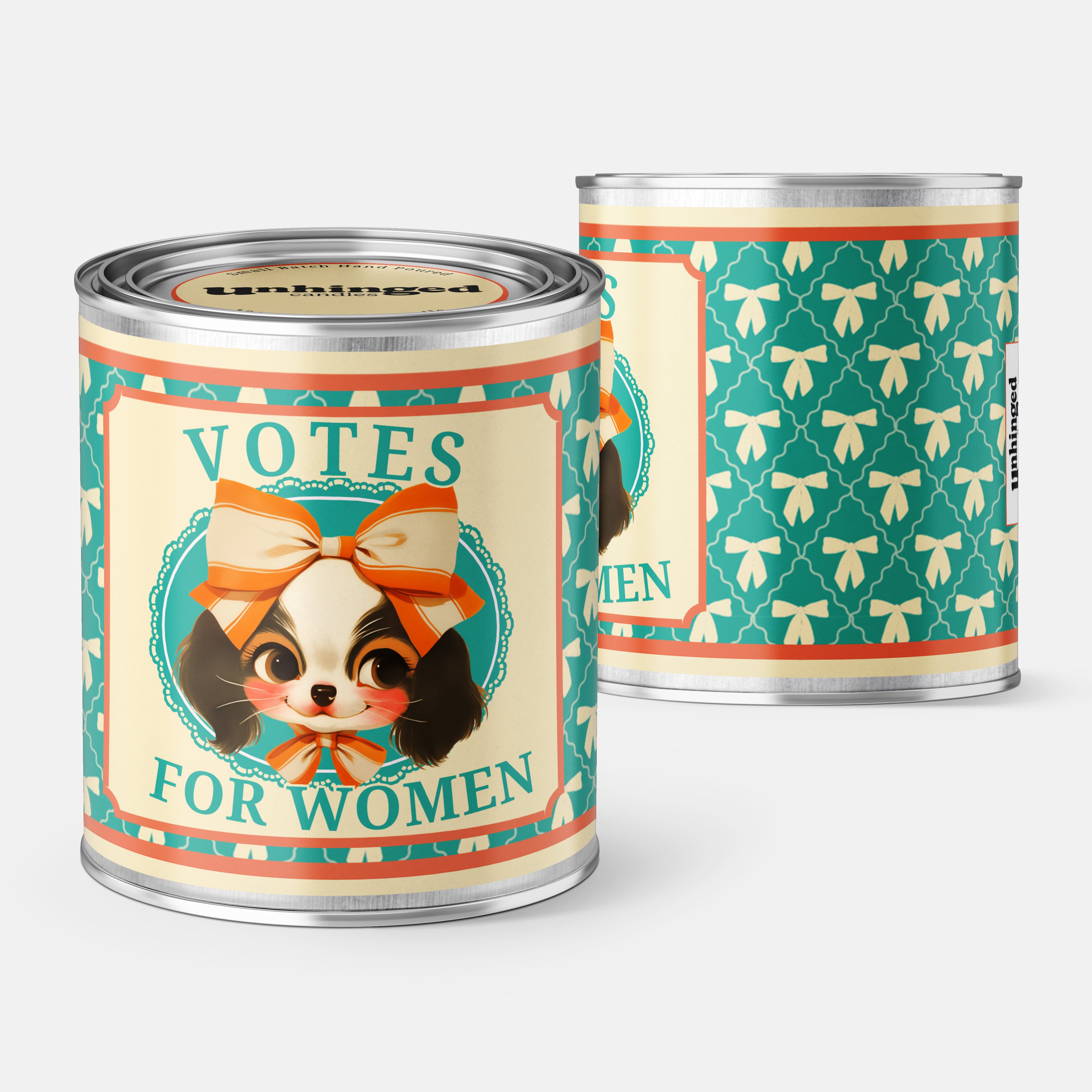 Pint Sized Paint Can Candle showing the front and back graphic with vintage-style 'Votes for Women' labels featuring a dog illustration.