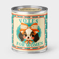 Pint Sized Paint Can Candle with a 'Votes for Women' label featuring a cute puupy  illustration on a tan background 