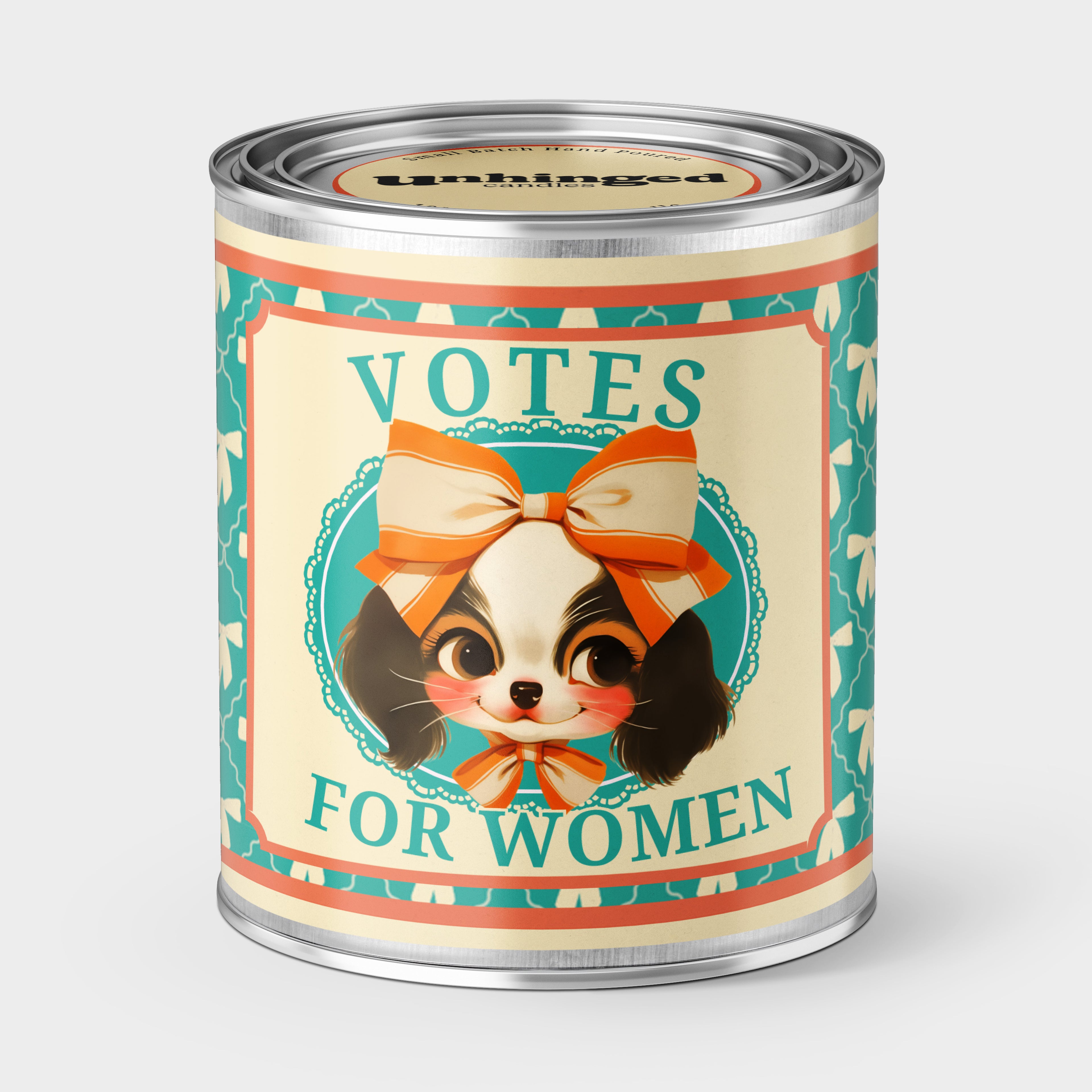 Pint Sized Paint Can Candle with a 'Votes for Women' label featuring a cute puupy  illustration on a tan background 
